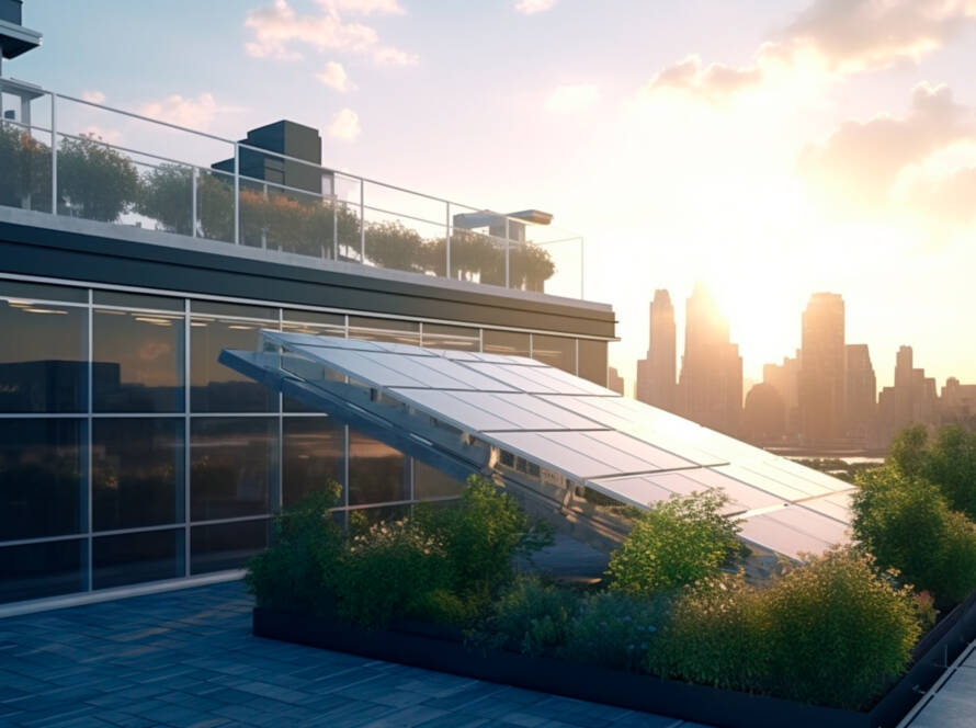 solar panel installation roof office building with view city generative ai