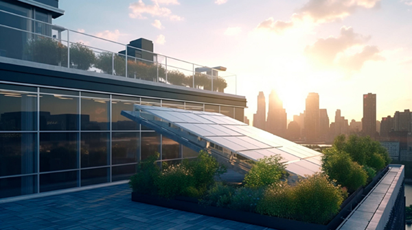 solar panel installation roof office building with view city generative ai