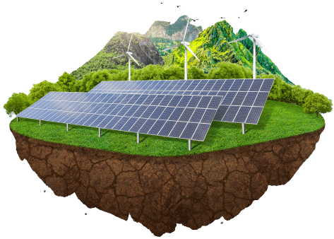 solar panels wind turbines green island with grass trees sky beautiful floating 3d island