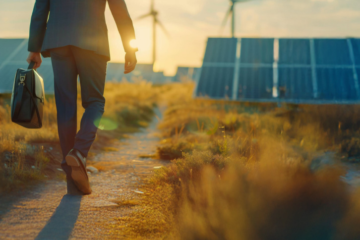 close up view businessman walk work that near solar panel aig